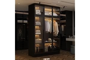 FAMAPY Glass Wardrobe Closet with Lights, Amoire Wardrobe with Glass Doors and Shelves, Armoire Wardrobe Closet with Hanging Rod, Black (47.2”W x 19.2”D x 74.8”H)