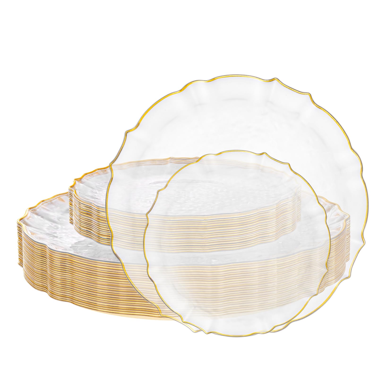 Photo 1 of bUCLA 40PCS Clear and Gold Plastic Plates - Fancy Lace-Edge Clear Plates with Gold Trim Hammered Disposable - Include 20 Each(Dinner&Dessert) for Party & Wedding