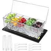 Tideme Chilled Condiment Server with Lid, 5-Compartment Plastic Food Storage Container with Drain Holes, Ice Box for Fruits with Cup Coaster, 2 Clips & 6 Fork Spoons, 16.1 x 6.4 x 5.7 in, Transparent