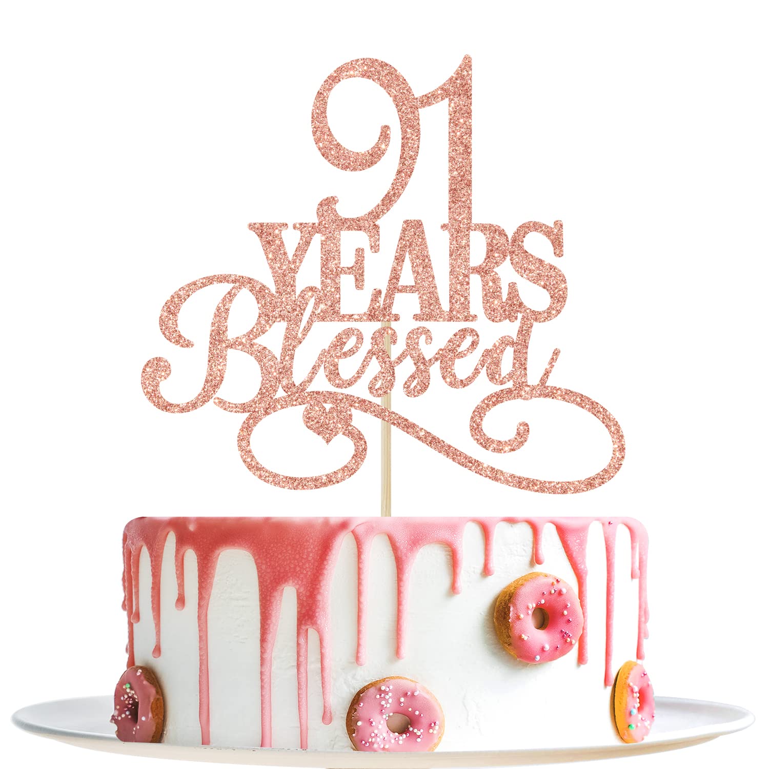 Photo 1 of Rose Gold Glitter 91 Years Blessed Cake Topper - 91 Years Loved, Cheers to 91 Years, 91st Anniversary Birthday Decoration Supplies