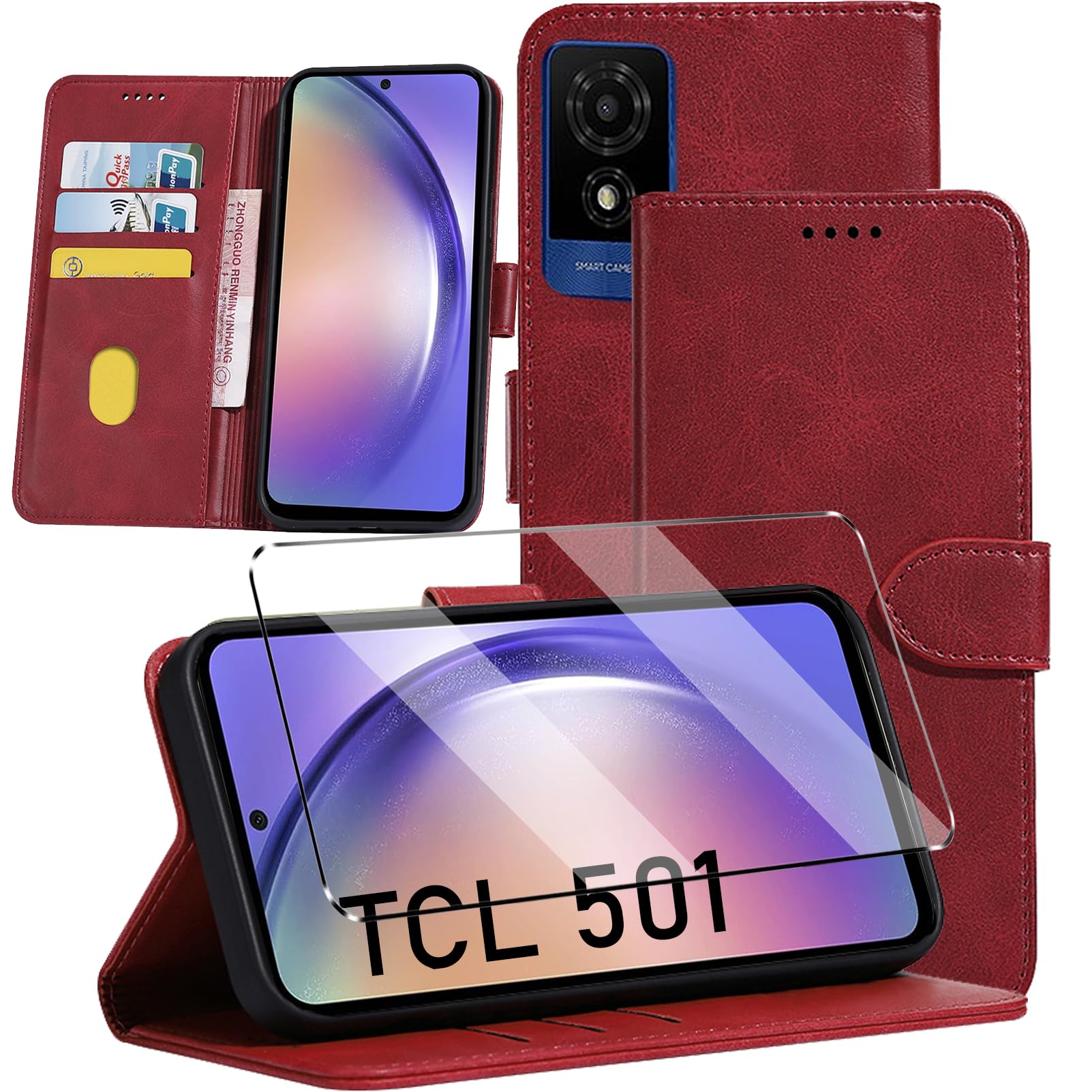 HuiYouMY 2-in-1 Case Compatible with TCL 501 Leather Phone Case, Wallet Case Cover [Card Slots] [Kickstand] Magnetic Closure Full Protection Book Folio Design wallet flip phone case - Red