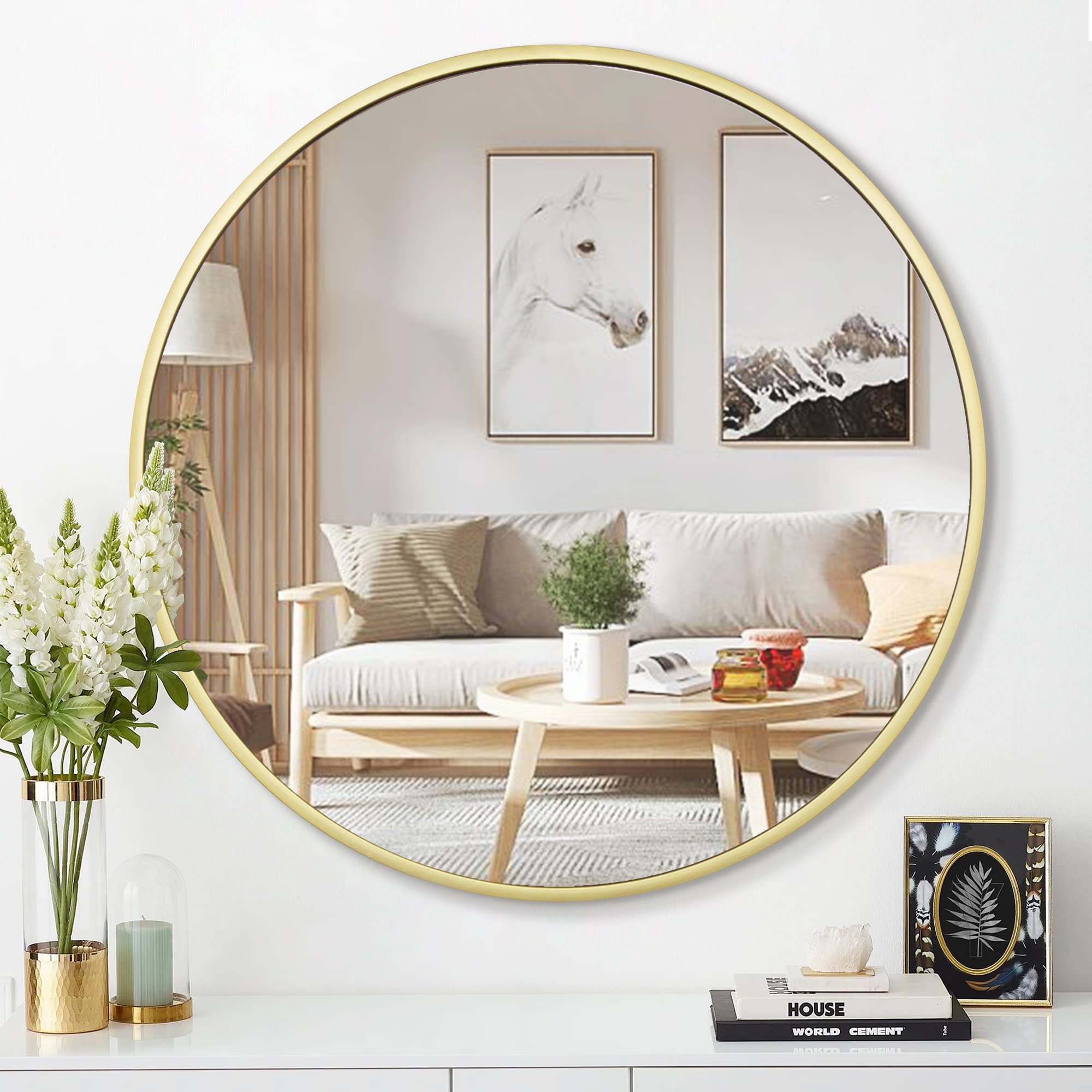 Photo 1 of 1st owned Round Wall Mirror Gold 16 Inch -Circular Metal Framed Wall Mounted Mirror, Hanging Round Modern Decorative for Entryway Bathroom, Living Room, Bedroom