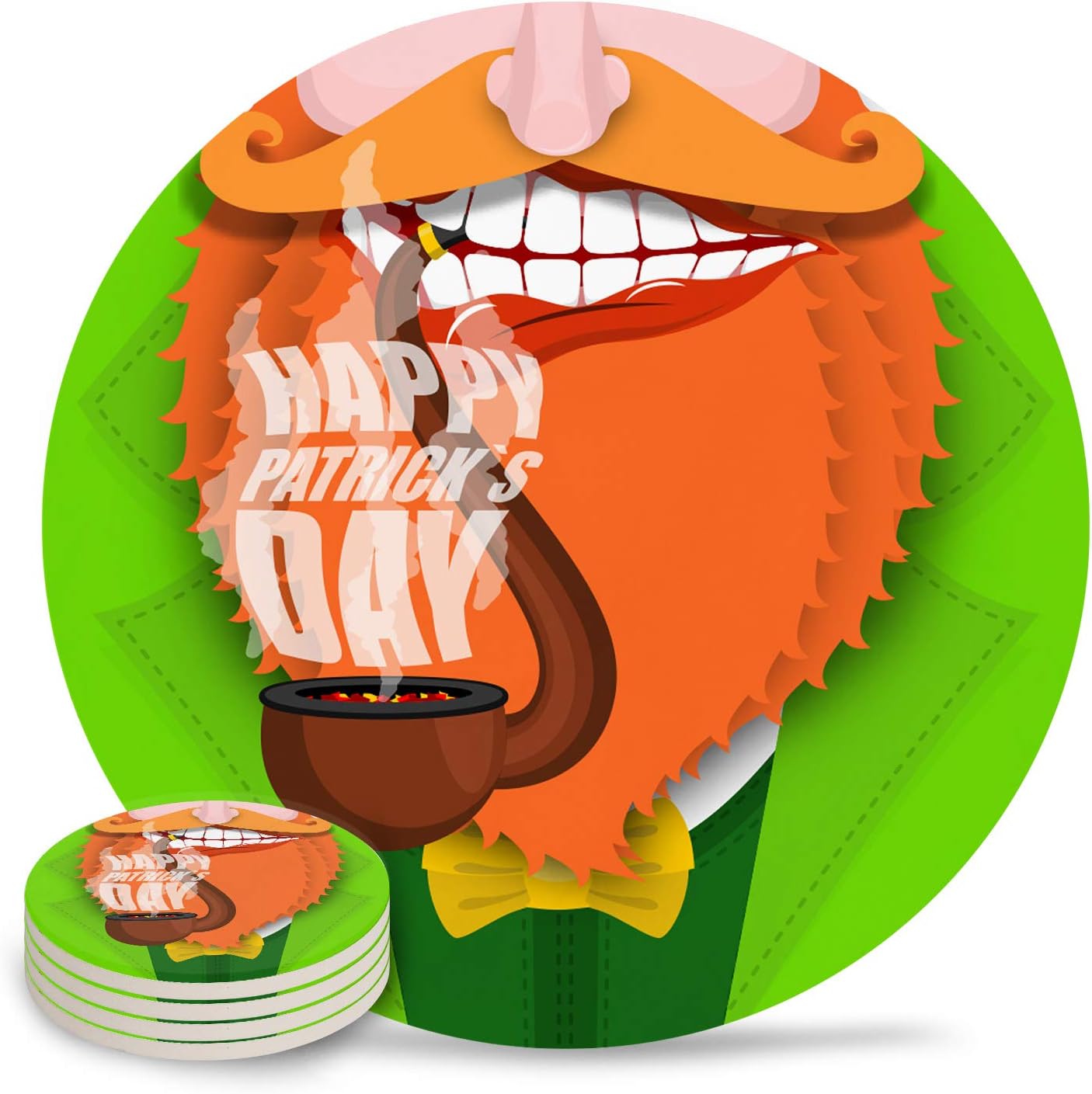St. Patrick Day Drink Coasters Mats - Moisture Absorbing Stone Coasters with Cork Base, Stone Coasters set Suitable for Kinds of Mugs and Cups, Set of 8 - Cool Leprechaun Smoking a Pipe and Greetings