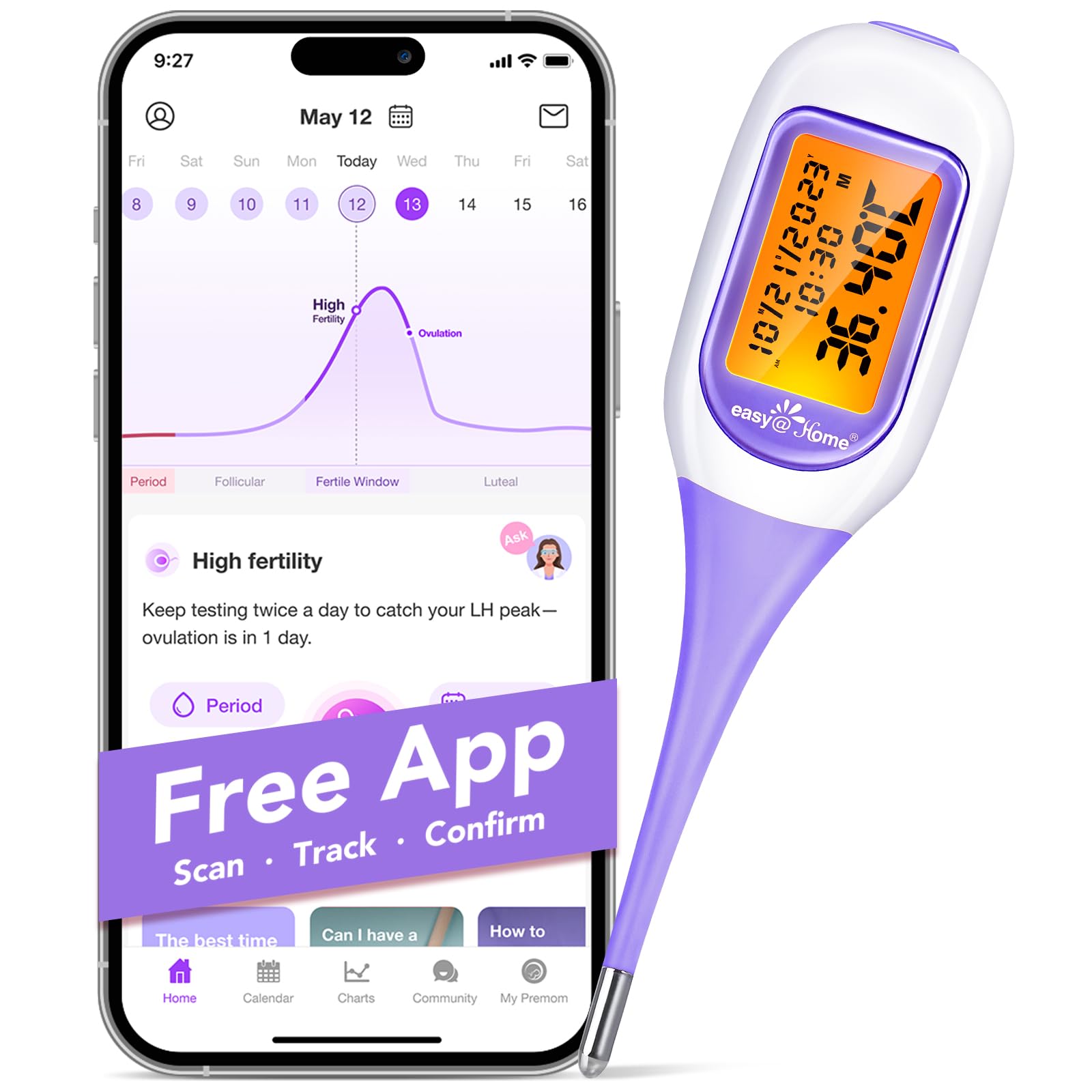 Easy@Home Smart Basal Thermometer, Large Screen and Backlit, 1/100th Degree, Period Tracker with Premom (iOS & Android) - Auto BBT Sync, Charting, Coverline, Accurate Fertility Prediction, Purple
