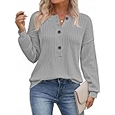 Saodimallsu Womens Henley Sweater Tops Fall Button Crew Neck Long Sleeve Trendy Loose Ribbed Knit Pullover Sweaters