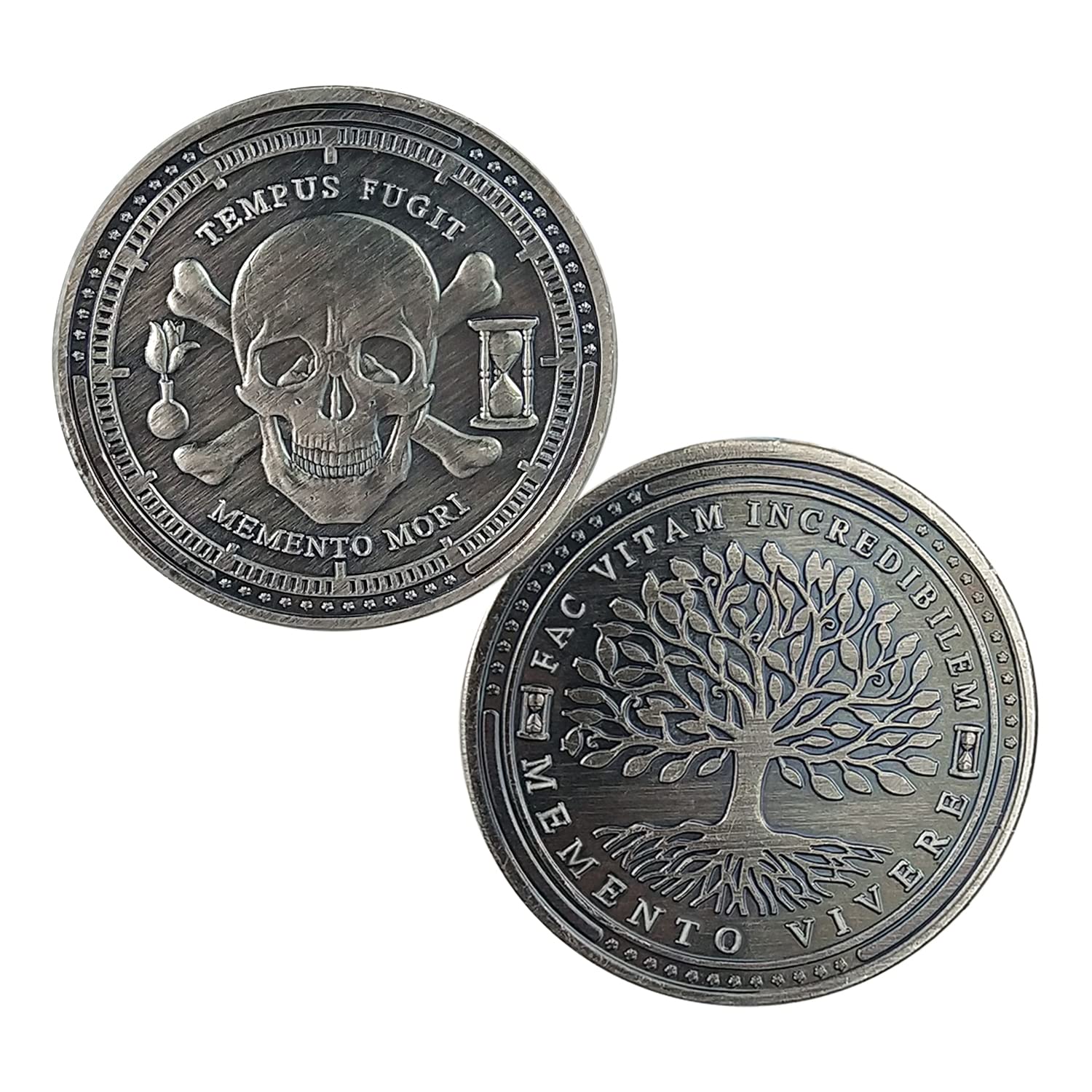 AtSKnSK Memento Mori Coin Memento Vivere Reminder Token Stoic Coin Skull Challenge Coin (Antique Silver Plated)