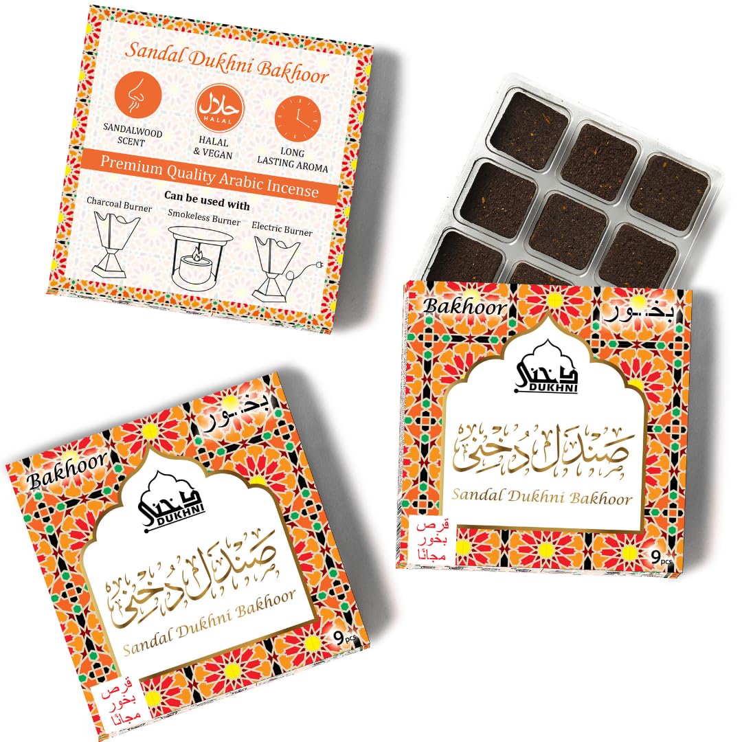 Sandal Bakhoor by Dukhni | 3 boxes x 9 Piece each | Arabic Bakhoor Incense | Sandalwood Blend | Perfect for Prayer Time | To Relax & Meditate | Handmade Traditional recipe