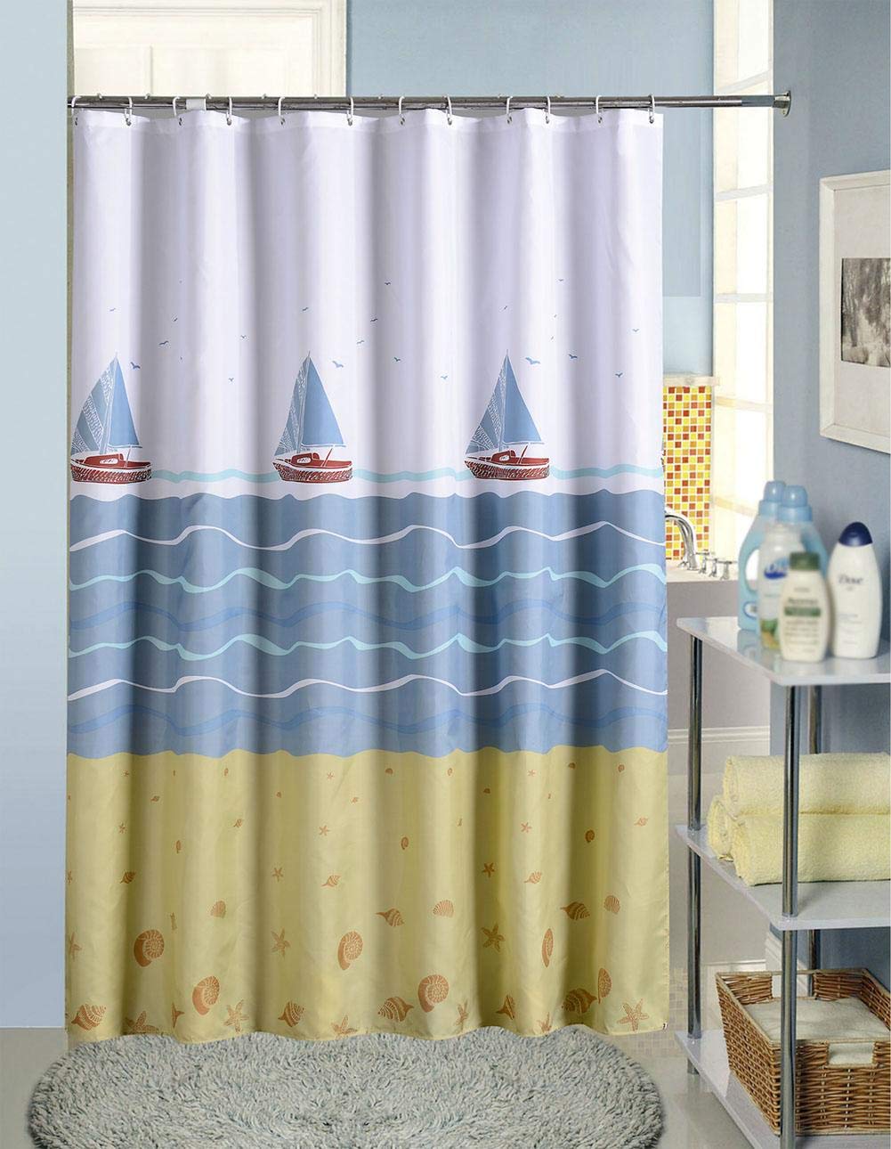 Tenda Da Doccia Impermeabile 120x180 Cm - Motivo Foresta Innevata, Antimuffa, Con Ganci, Blu