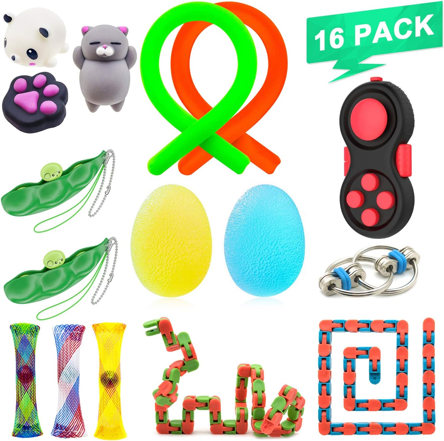 NANAHouse™ 16 Pack Increase Focus Relieves Stress Bundle Sensory Fidget Toys-Fidget Chain/Cube/Ring,Infinity Cube,Wacky Tracks Snap,Twisted Fidget ADD ADHD Toys for Kid and Adult