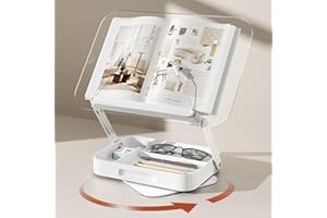 BYMECOST Acrylic Book Stand with Storage, Adjustable Book Holder for Reading with 360° Rotating Bases, Foldable Desktop Riser Stand, Elastic Clips for Cookbook Recipe Magazines Tablets, Laptops (Clear)