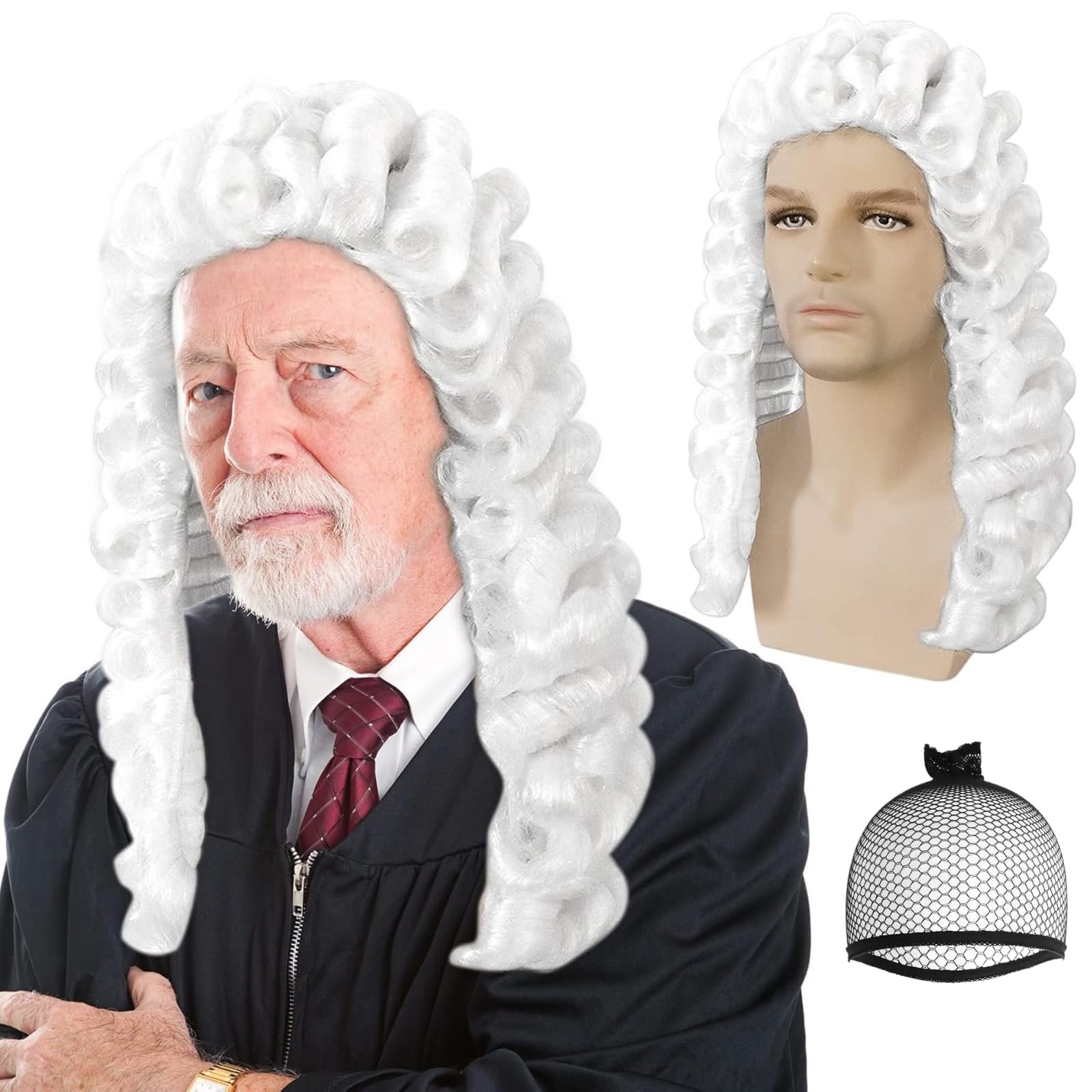 Photo 1 of ANOGOL Hair Cap+ White Judge Wig Men Barristers Cosplay Founding Father Costume Colonial Wigs for Men Powdered Wig Historical Lawyer Novelty White Synthetic Wigs for Halloween Party