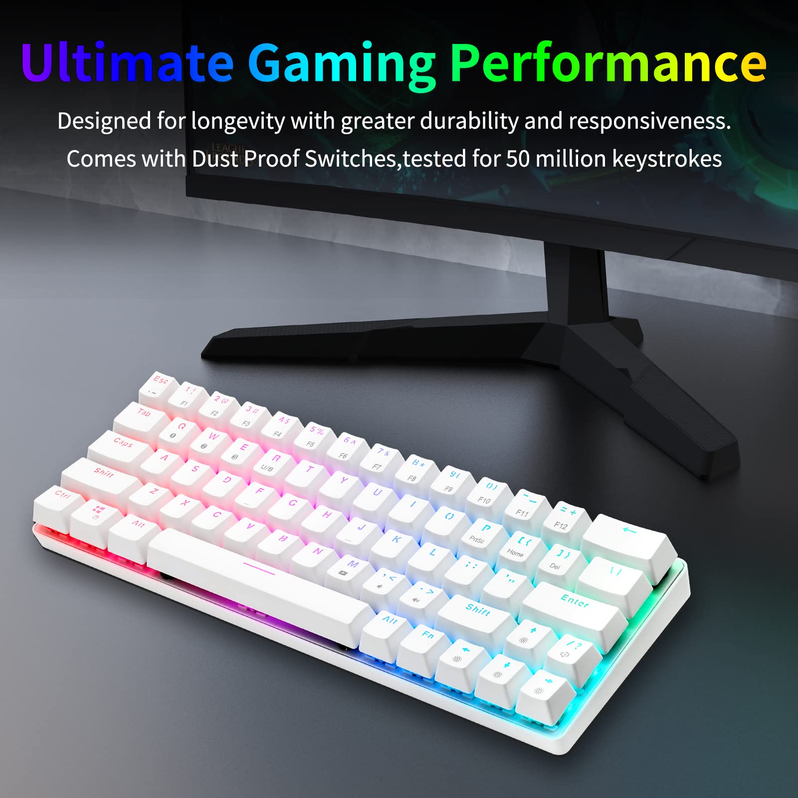 HUO JI CQ63 60% RGB Wireless Mechanical Gaming Keyboard, Authentic Cherry MX Brown Switches, Bluetooth 5.0, Wired Keyboard 63 Keys for PC Tablet Laptop Cell Phone, White