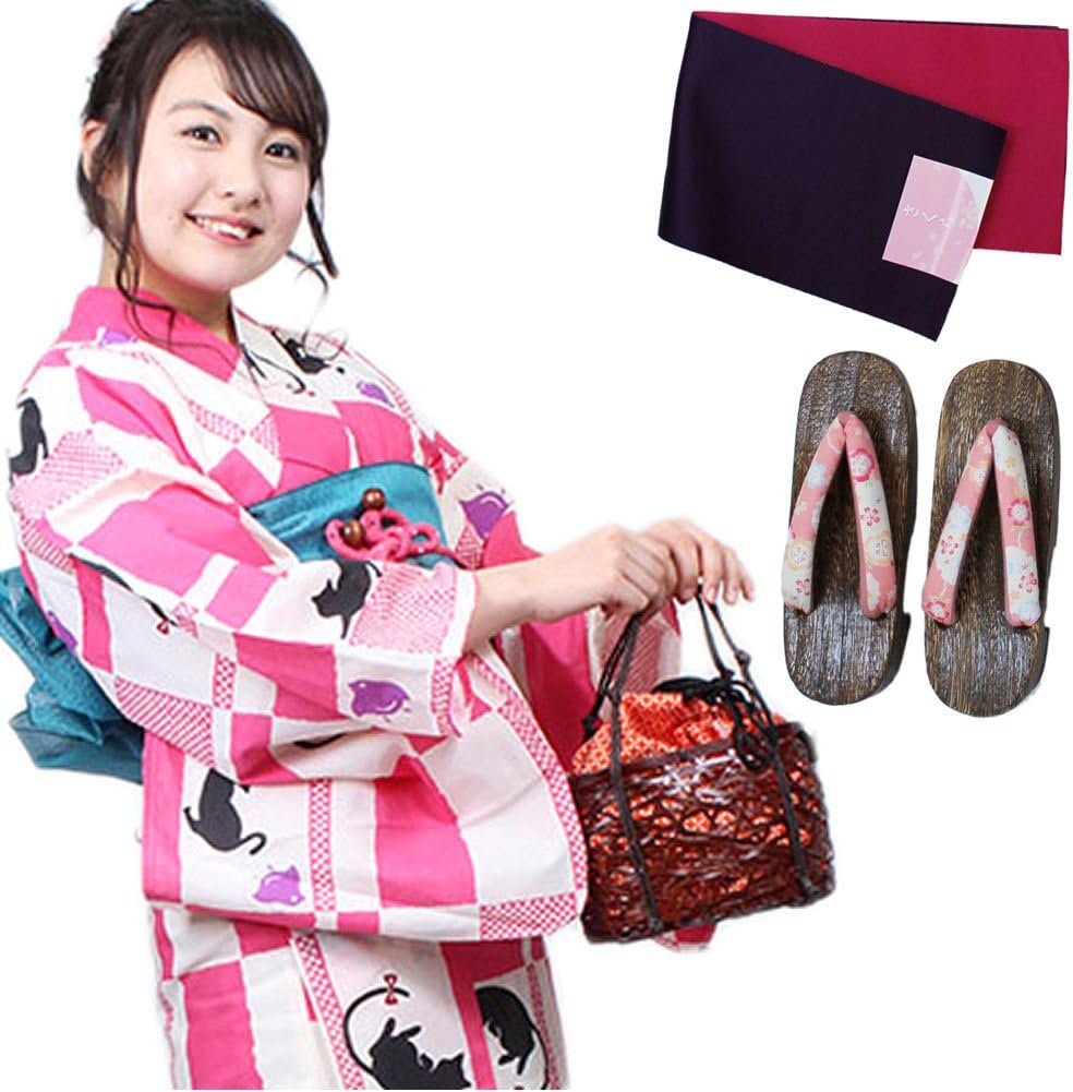 Fuuka Women's Yukata 3pc Set with OBI Band and Geta Sandal One Size