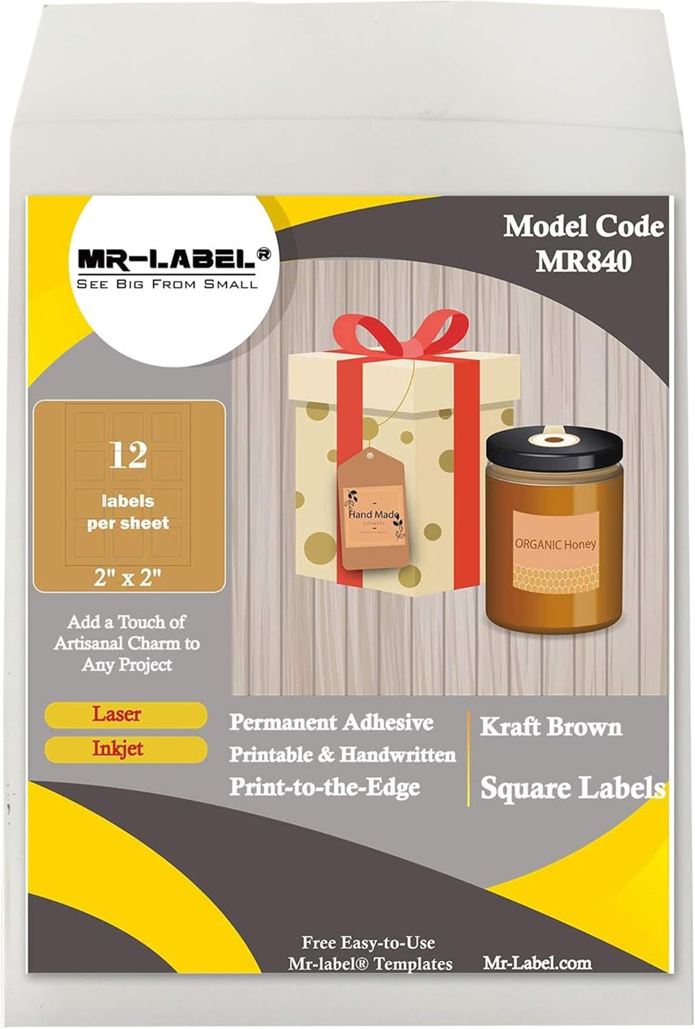 Mr-Label 2" x 2" Square Labels Kraft Brown Labels - for Inkjet & Laser Printer - Self Adhesive Stickers for Gift Decoration | Hand Craft | Greeting Card (120 Labels)