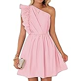 ZESICA Women's Summer One Shoulder Ruffle Dress Boho Sleeveless Elastic High Waist Swing Mini Dresses