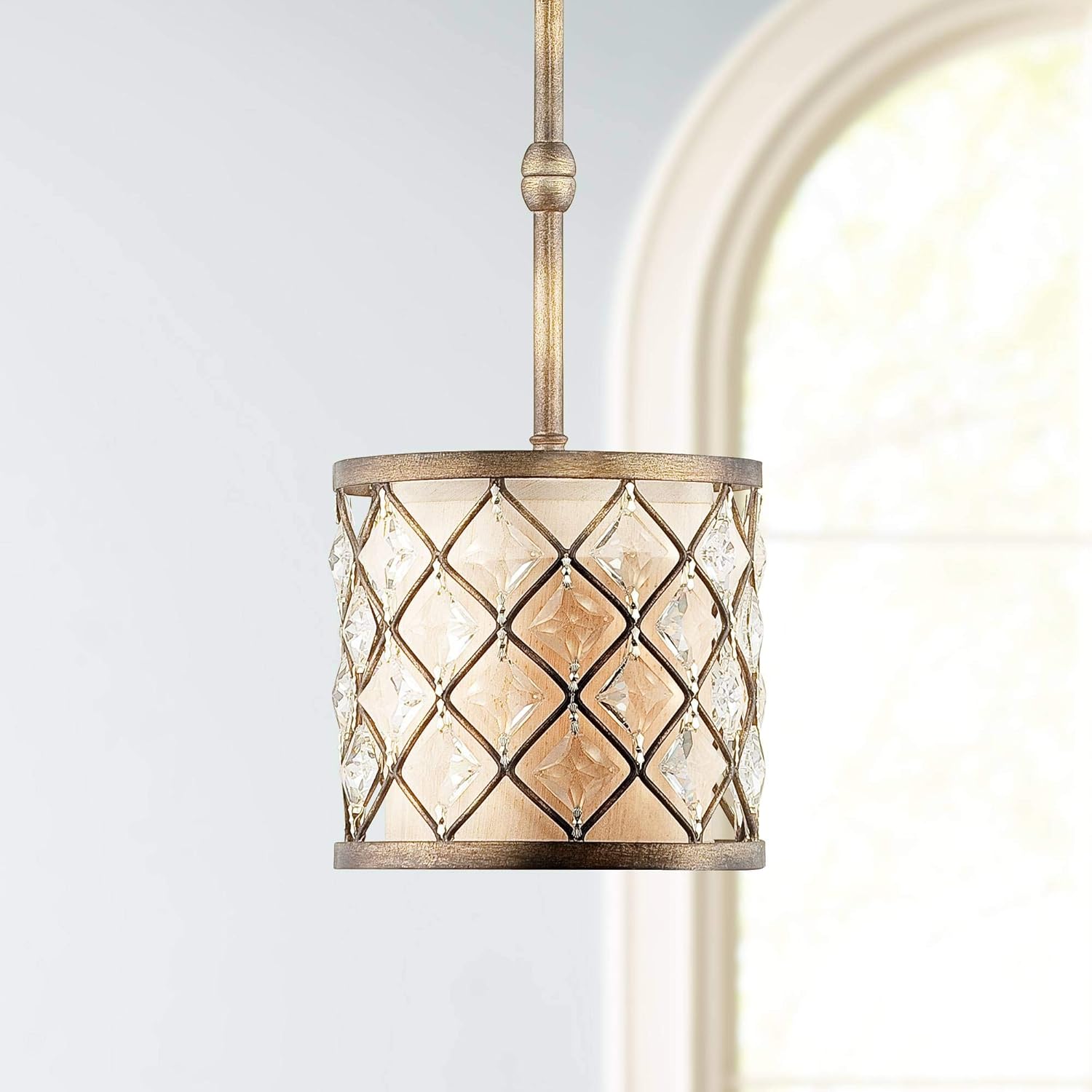 Jeweled Golden Bronze Mini Pendant Light 9" Wide Crystal Criss Cross