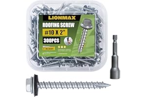 LIONMAX Metal Roofing Screws #10 × 2 Inch, 300-PCS, Rustpert Coating Hex Head Sheet Metal to Wood Siding Screw with Rubber Washer, Sharp Point, Hex Socket Included