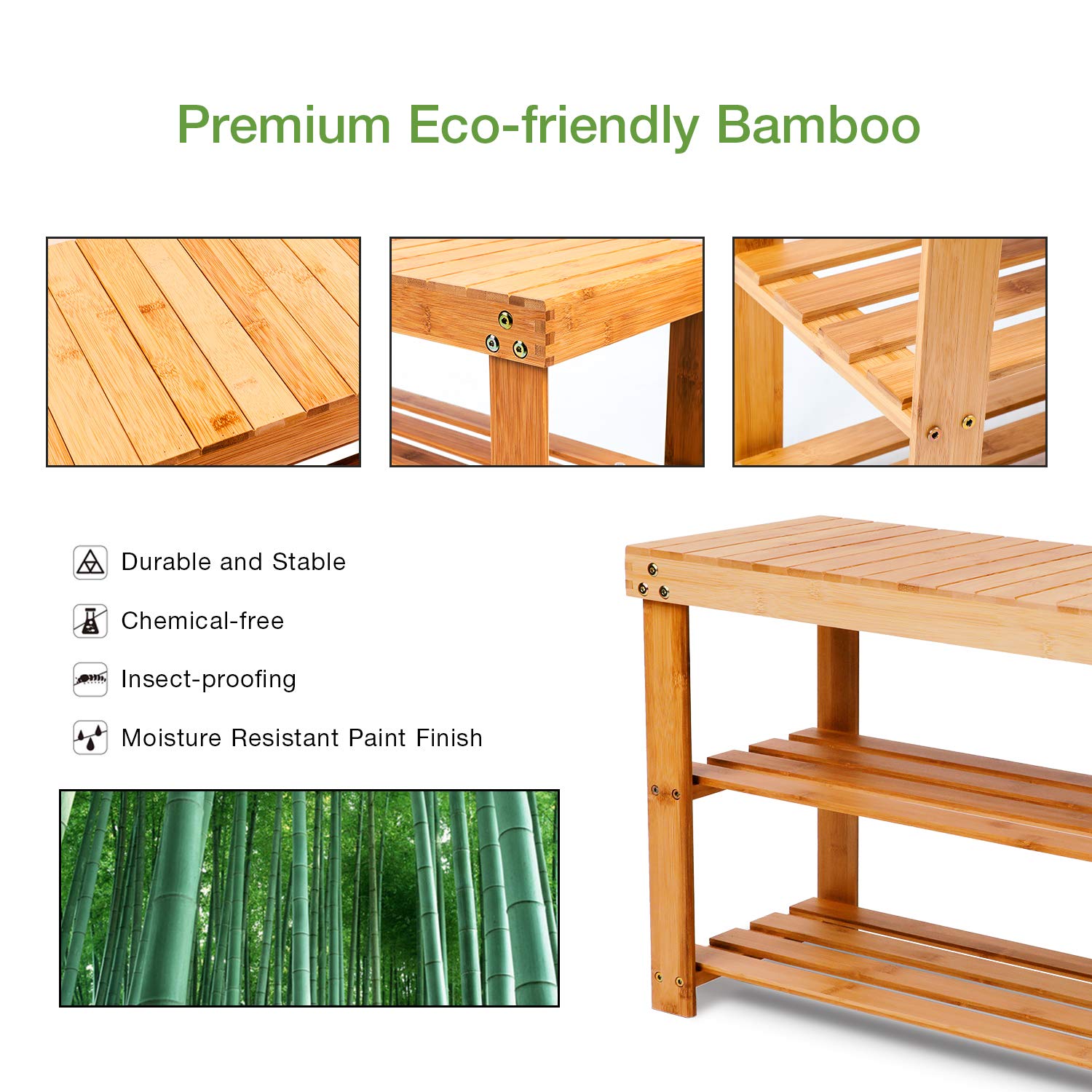 Bamboo Shoe Rack Bench, 3Tier Shoe Shelf Organizer Holds up to 220 lbs