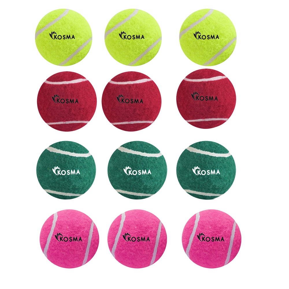 Kosma Pack of 12 Tennis Balls | Training Ball for Dogs, Super Bounce, Perfect for Begginer Cricket Training Practice | Cricket Balls - 3Pc Each Yellow, Red, Green, Pink
