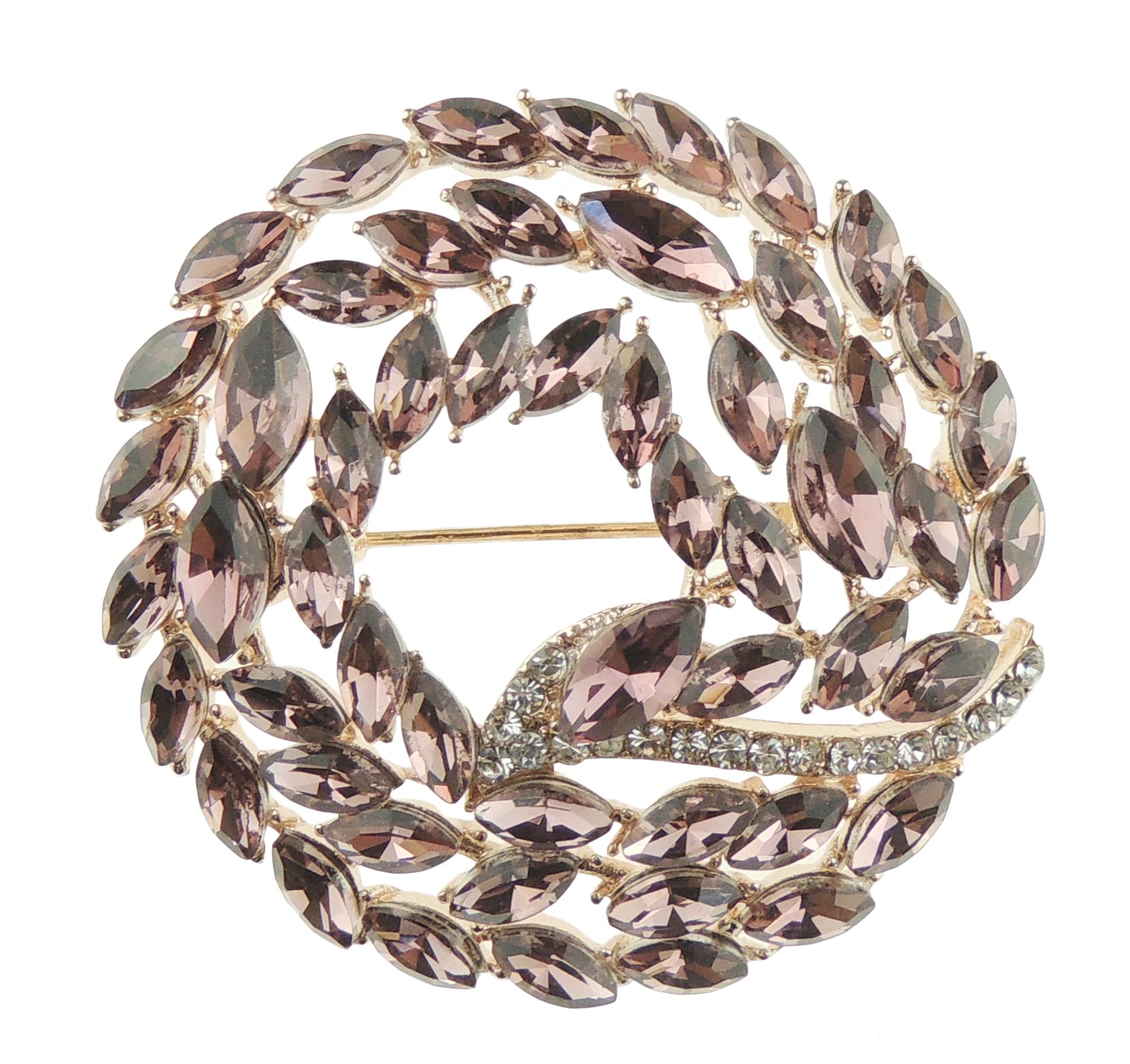 Ladies Diamante Crystal Wedding Evening Circle Brooch Small Leaves Stones (Pink)