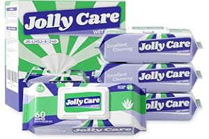 Jolly Care Wet Wipes for Adults, Cleansing Multi-Tasking Wipes, Disposable Unscented Wipes, 99% EDI Pure Water and Aloe, 4 Flip-Top Packs (240 Wipes Total)