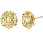 Watforsh 14K Gold Plated Flower Pearl Stud Earrings Floral Round Circle Plated Earrings for Women