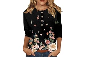 AMOBER Women's 2024 Summer Henley V Neck Button Up Tunic Ladies Loose Fit Tops Flowy 3/4 Sleeve Basic Blouse Tops