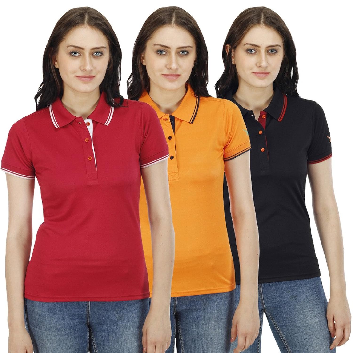 pro lapes solid women's polo neck collar t-shirts with tipping set of 3