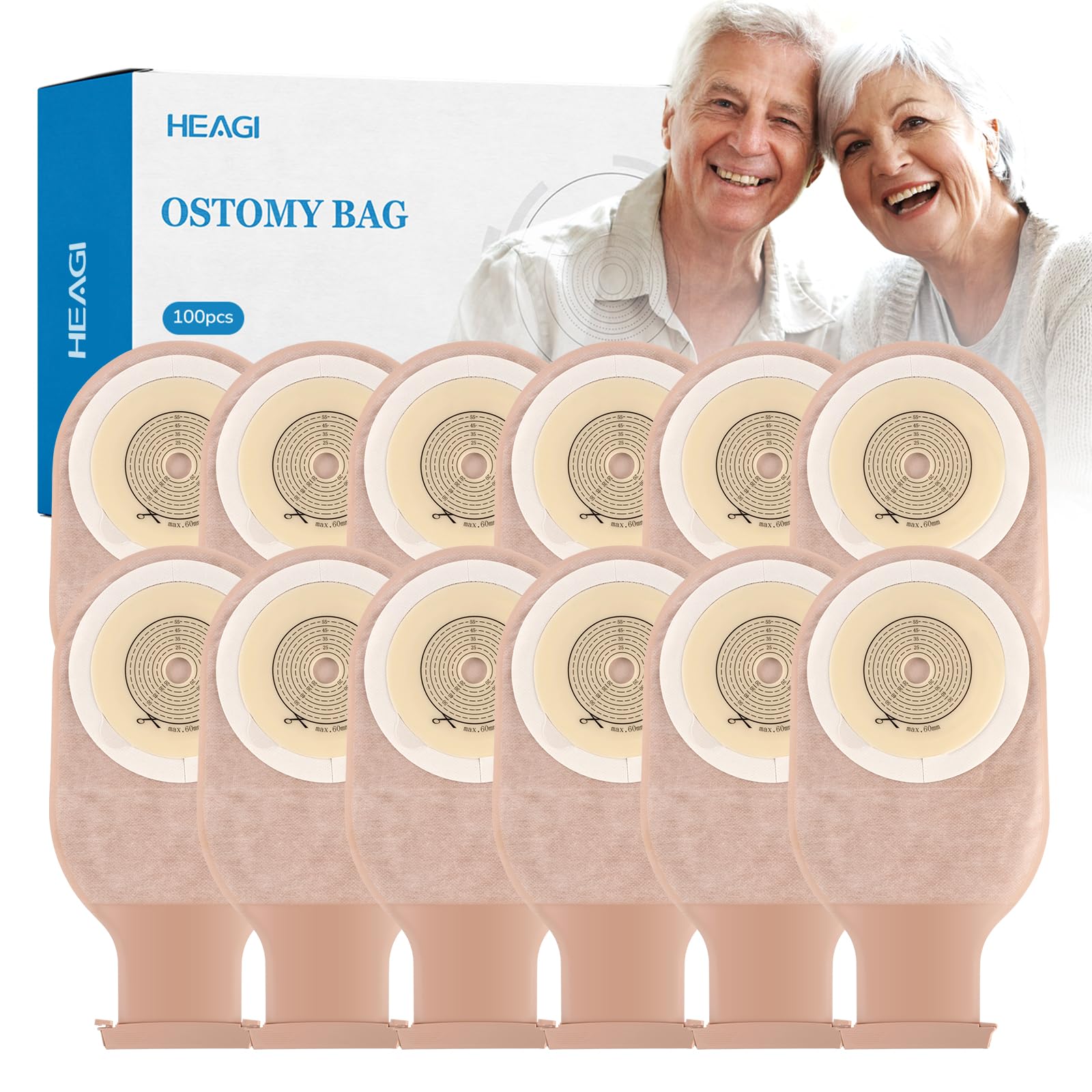 Photo 1 of 100 PCS Colostomy Bags, One Piece Ostomy Drainable Pouches with Closure for Ileostomy Stoma Care, 15mm-60mm Cut-to-Fit Ostomy Supplies