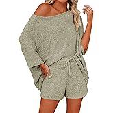 Mafulus Women's 2 Piece Outfits Sweater Sets Off Shoulder Knit Top Shorts Matching Suits Cute Pajama Lounge Set