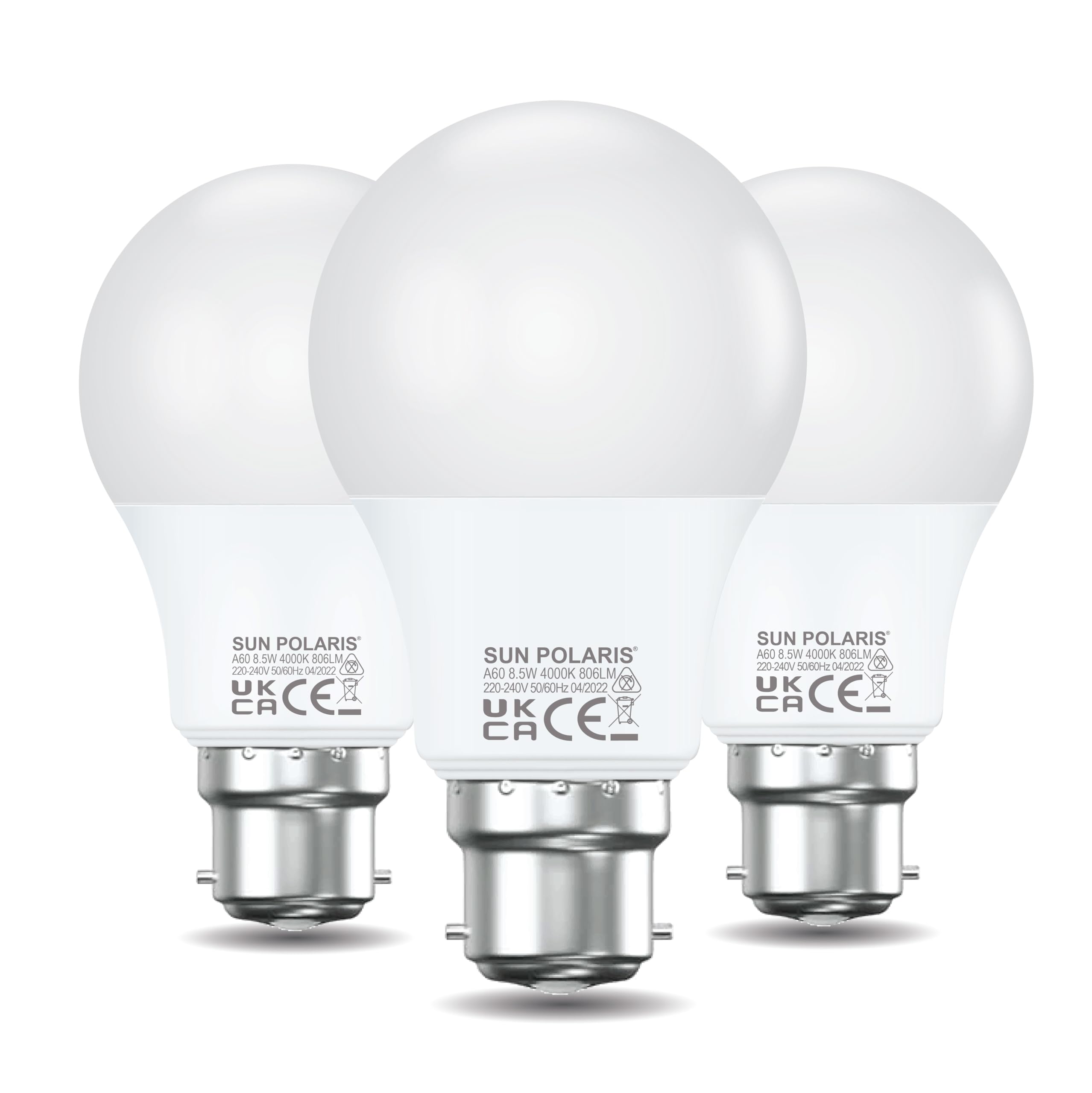 SUN POLARIS Bayonet Led Light Bulb - 8.5 Watt Cool White 4000k Natural Bright, 60W Equivalent B22 Lightbulb, 806 Lumens Ultra Efficient Lightbulbs, BC Non Dimmable GLS Energy Saving Bulbs Pack of 3