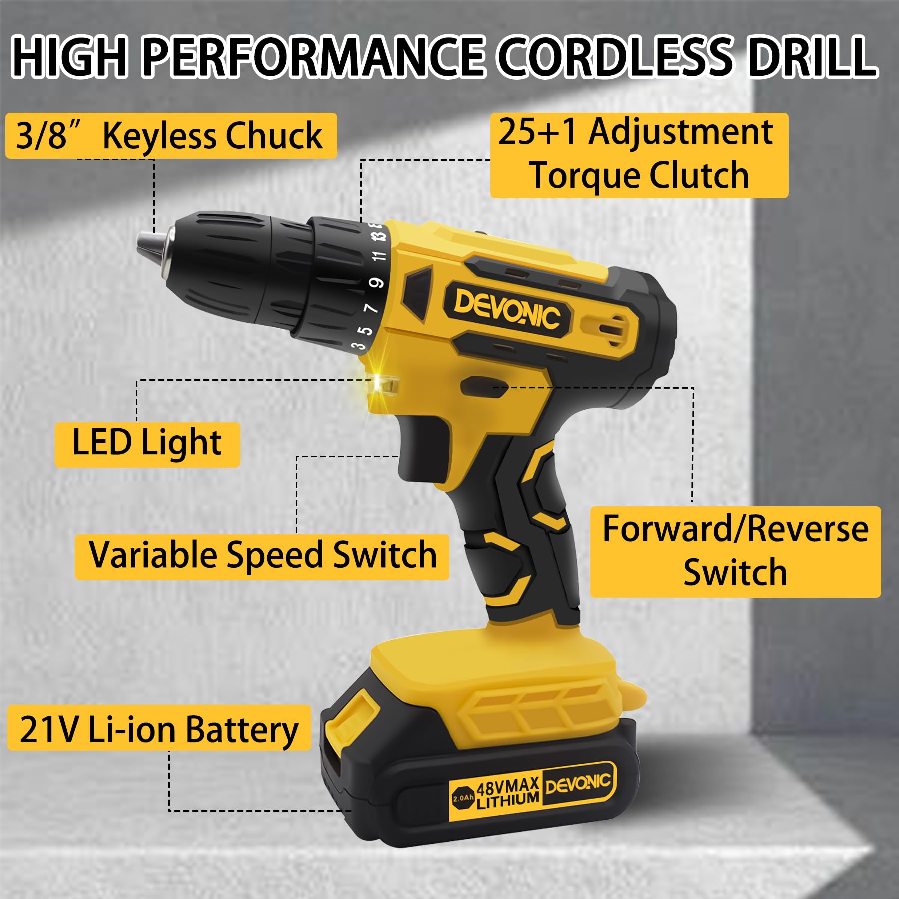 DEVONIC Cordless Drill Set,21V Electric Drill with 2 Lithium Battery and Charger,3/8