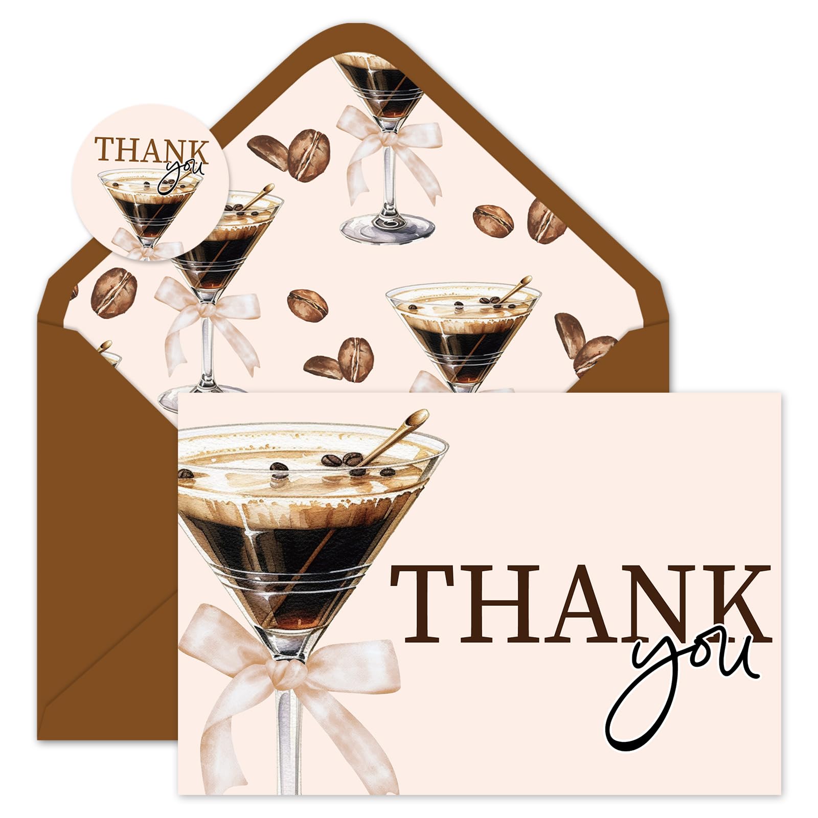 Photo 1 of Whaline 24 Pack Espresso Martini Thank You Cards Martini Glasses Coffee Beans Note Card with Envelopes Stickers Brown Greeting Blank Card for Bachelorette Bridal Shower