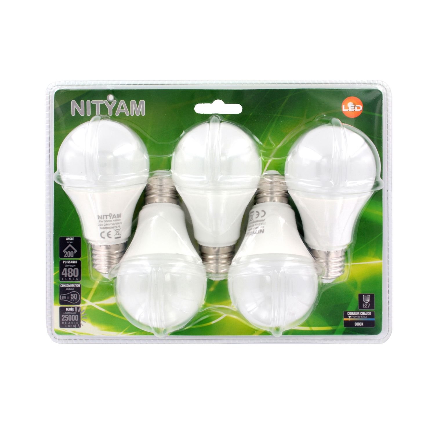 NITYAM LED Bulbs E27 Standard 6 W 480 Lumen 3000 K Warm Colour + Pack of 5, White