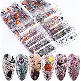Halloween Nail Foil Set Fall Nail Decals Day of The Dead Nail Art Stickers Pumpkin Cat Designs Charms Nail Decorations DIY Transfer Paper Holographic Nail Decor Wraps Adhesive Accessory 10Pcs/Pack