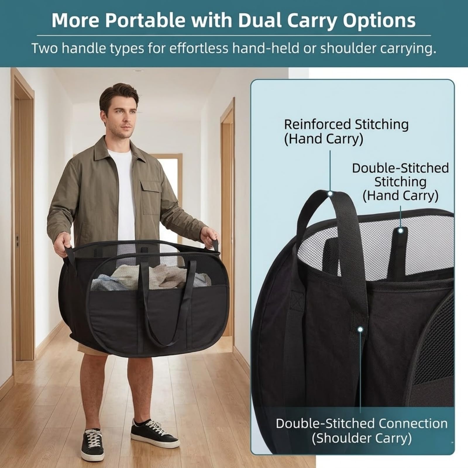2er-Pack faltbare Pop-Up-Wäschekörbe mit reißfestem Griff platzsparend, stabil, geeignet für Schlafzimmer, Waschküche und Wohnmobilreisen (Schwarz) 4