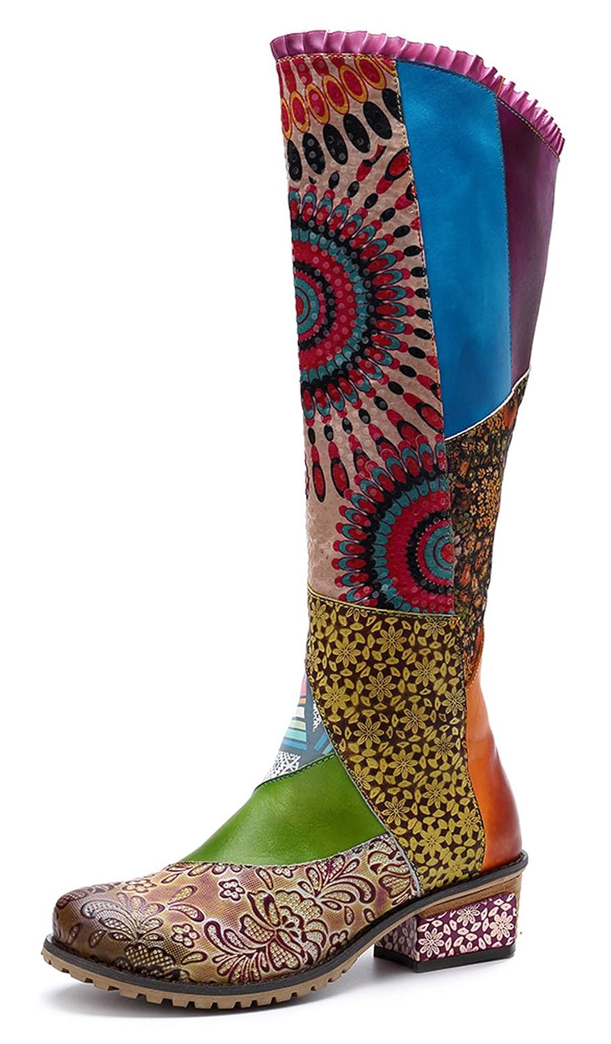 womens boho boots on Honeystore Womens Knee High Boots Retro Boho Carving Pattern Leather Round Toe Zipper Shoes Shoes Women