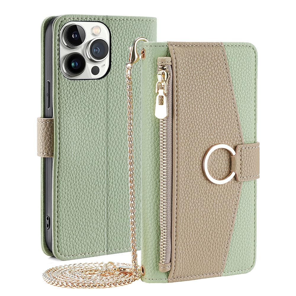 CasurvivePro Wallet Case Compatible for iPhone 15 Pro Max with Crossbody Strap, Magnetic Handbag Zipper Pocket Cases PU Leather Flip Shockproof Cover with Kickstand for iPhone 15 Pro Max Green — image 1