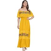 Women Mexican Dress Off Shoulder Floral Embroidered Long Maxi Dress Summer Beach Party Cinco de Mayo Dresses