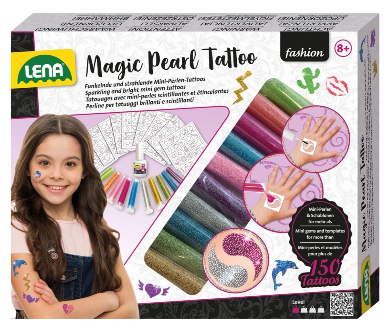 Lena 42442 Fashion Magic Beads Tattoo, Craft Set for Styling with Mini Beads in 10 Colours for 150 Tattoos, 200 Stencils, Fashion Set Magic Pearls, Washable Body Jewellery for Children from 6 Years