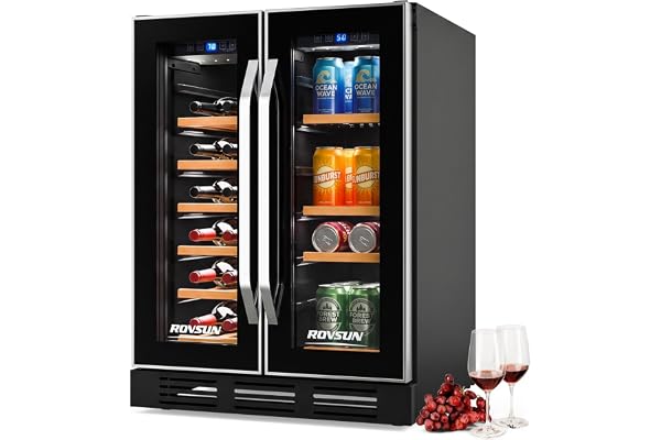 ROVSUN Dual Zone Wine and Beverage Refrigerator, 34 Bottle Wine Fridge with 2 Glass Door & Digital Temperature Control, Built-in/Freestanding/Under Counter Wine Cooler Chiller for Wine Champagne Beer