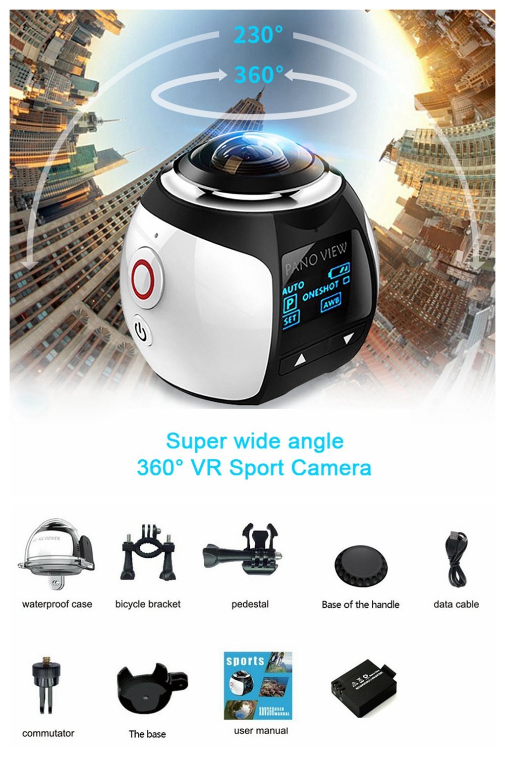 SEREE 3K 30FPS 360 Degree VR Panoramic Driving Sports Action Camera Sony Sensor Ultra HD Waterproof Underwater 3D Wifi UHD (Black, S1-BK)