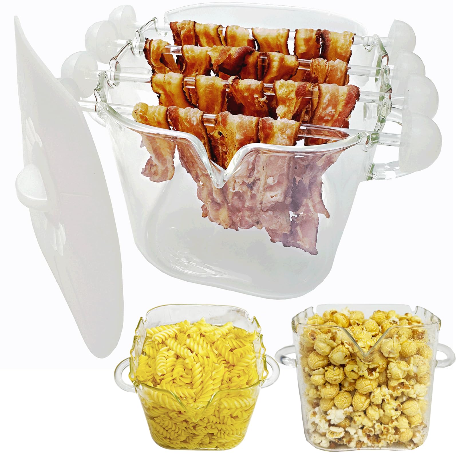 Photo 1 of Glass Microwave Bacon Cooker, Microwave Popcorn Popper, 100oz Glass jar with Silicone Lid, Ramen Noodle Bowl and Vegetable Steamer, with Removable Glass skewer, Make 16pcs bacon one time