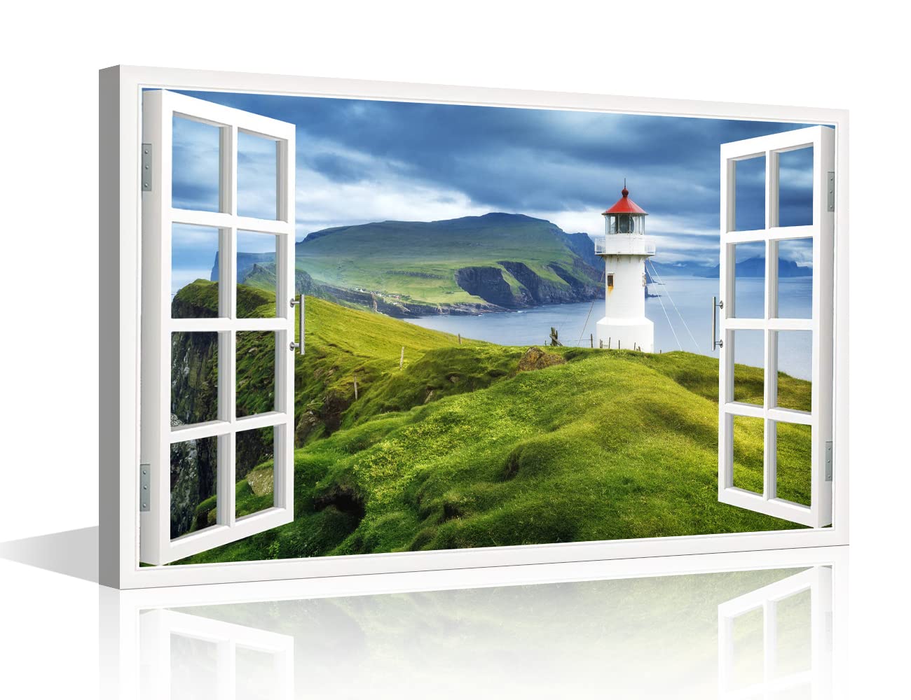 3D Window View Faroe Islands Wall Art for Living Room Canvas Art Wall Decor Mikinski Lighthouse Pictures Natural Landscape Painting Stretched Framed Ready to Hang 16x24inch — image 1