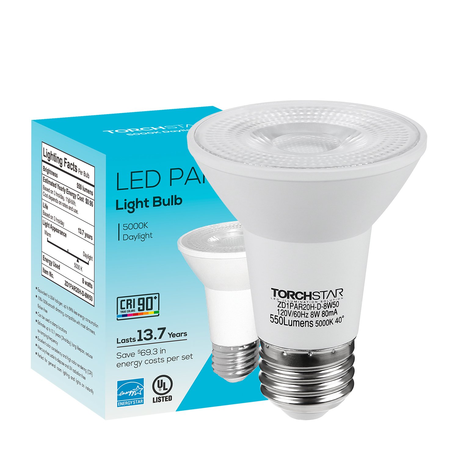 5000K Daylight 3 YEARS WARRANTY TORCHSTAR LED Light Bulb PAR20 E26