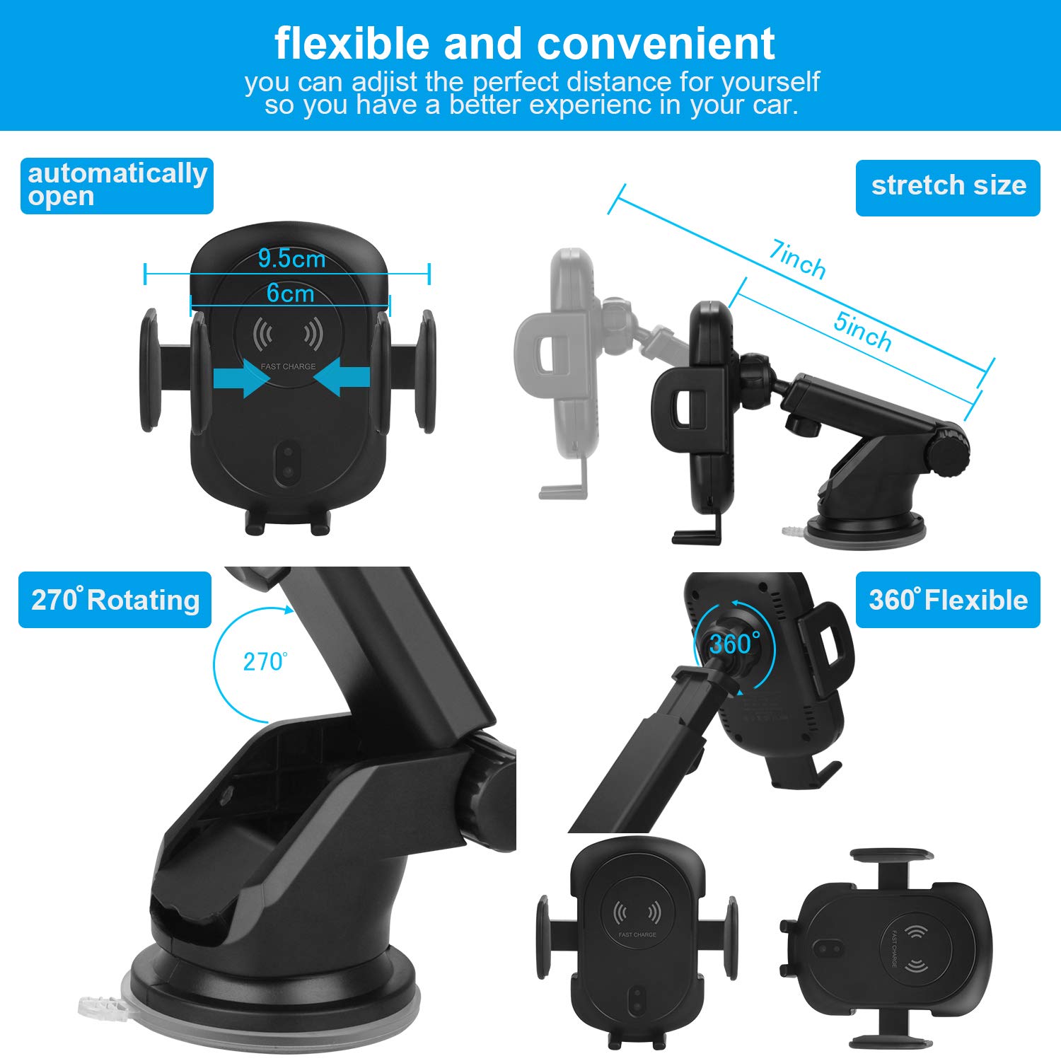 Car Wireless Charger, 2 In 1 Wireless Fast Car Charger Automatic Infrared Motion Sensor Air Vent Holder for iPhone X 8 8S Note8, S8, S8+, S7 Edge, S7, Note5, S6 and all QI Enabled Devices, Black