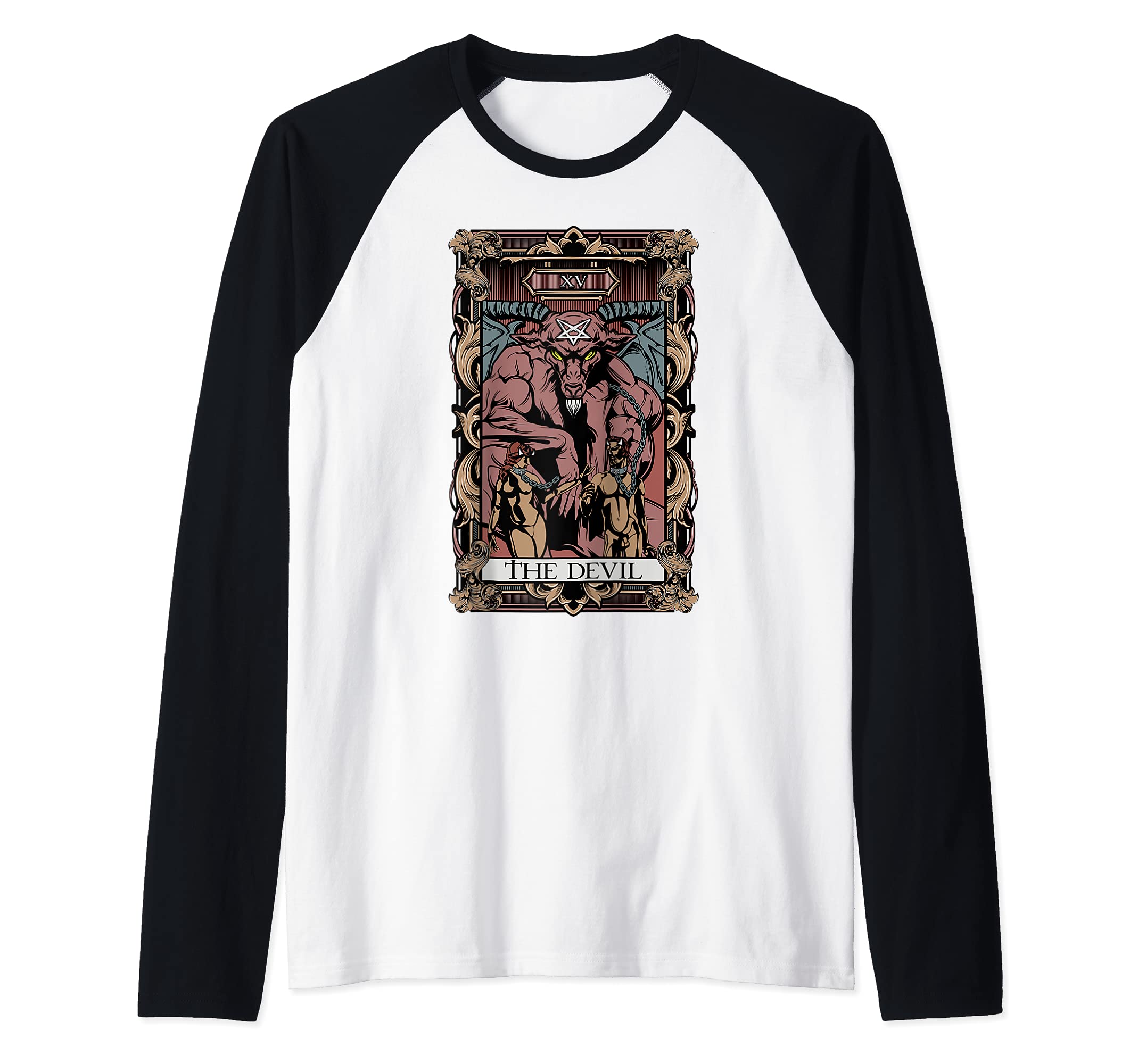 Tarot Card The Devil Baphomet Gothic Occult Witchcraft Scary Raglan Baseball Tee