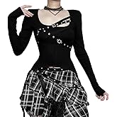 Allpunkall Women Hip Hop Punk Scoop Neck Buckle Cropped T Shirt - Long Sleeves Asymmetrical Goth Streetwear Hippie Top Tee