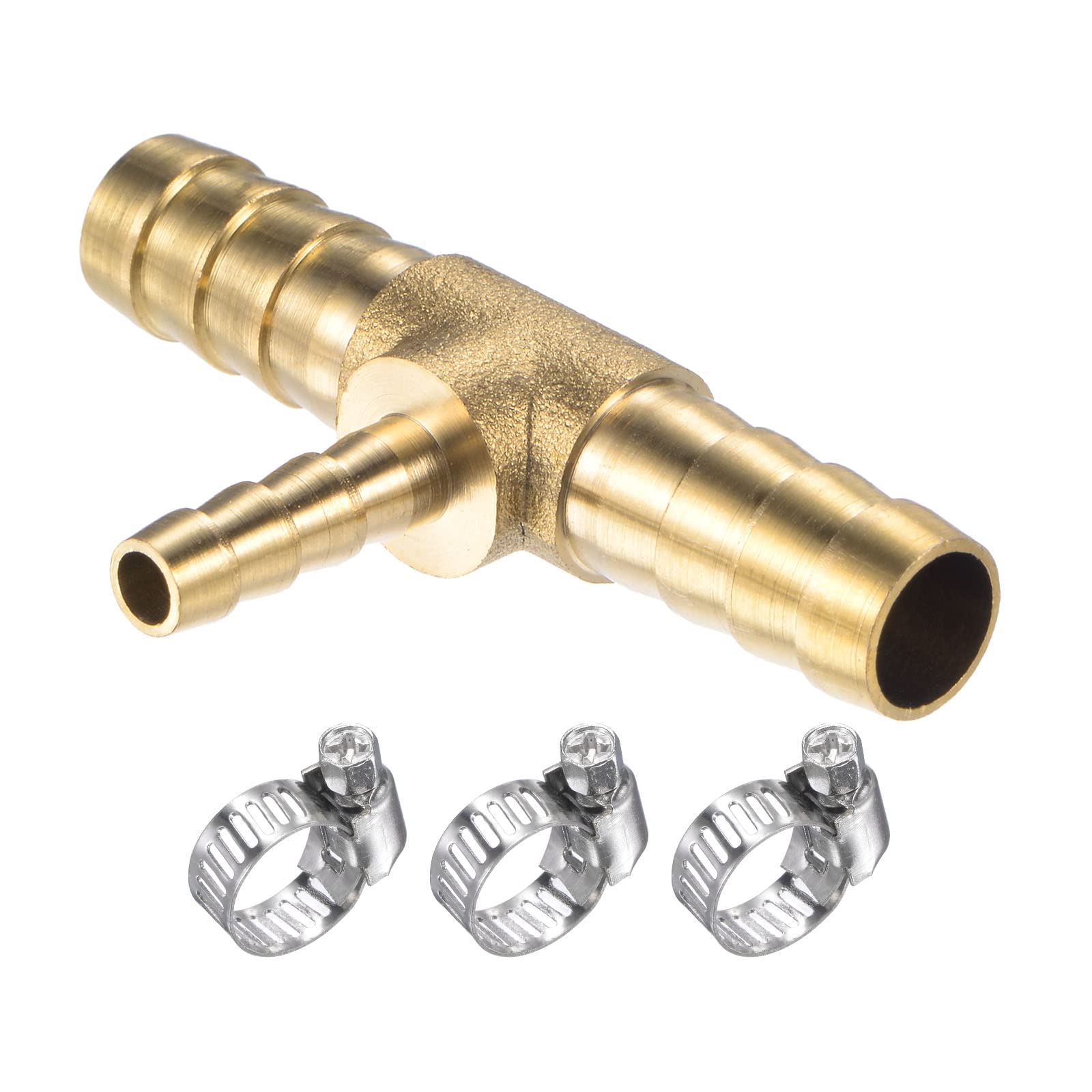 M METERXITY 1 Set Brass Hose Barb Fittings - 5/16" x 5/16" x 3/16" OD Brass Pipe Connector with Hose Clamps Apply to Water Fuel (T Shaped 3 Way)