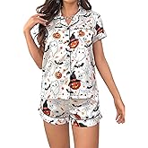 RUEWEY Halloween Womens Pajamas Set Ghost Pumpkin Print Short Sleeve Button Down 2 Piece Loungewear Sets Sleepwear